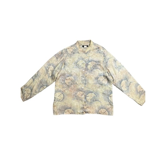 Citron Santa Monica 100% Silk Asian Inspired Landscape Print Blouse Size Large - Picture 1 of 6